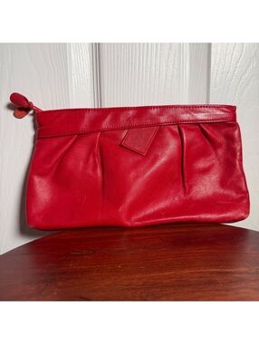 Vintage Contessa Red Genuine Leather Pleated Clutch Purse Zip Evening Bag